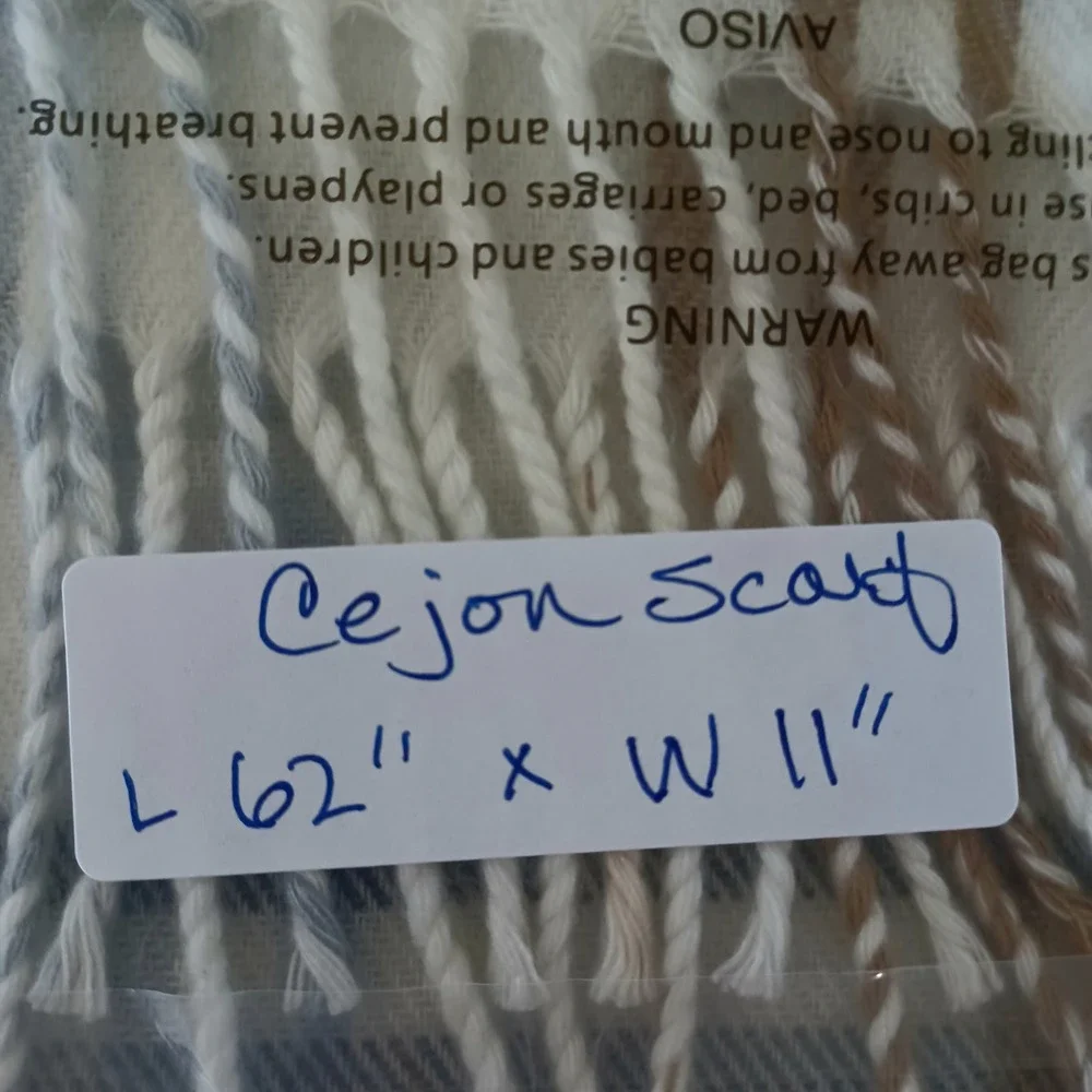 Cejon Made in Italy Plaid Scarf Cream Tan Grey‎ Windowpane Acrylic Fringe 62x11